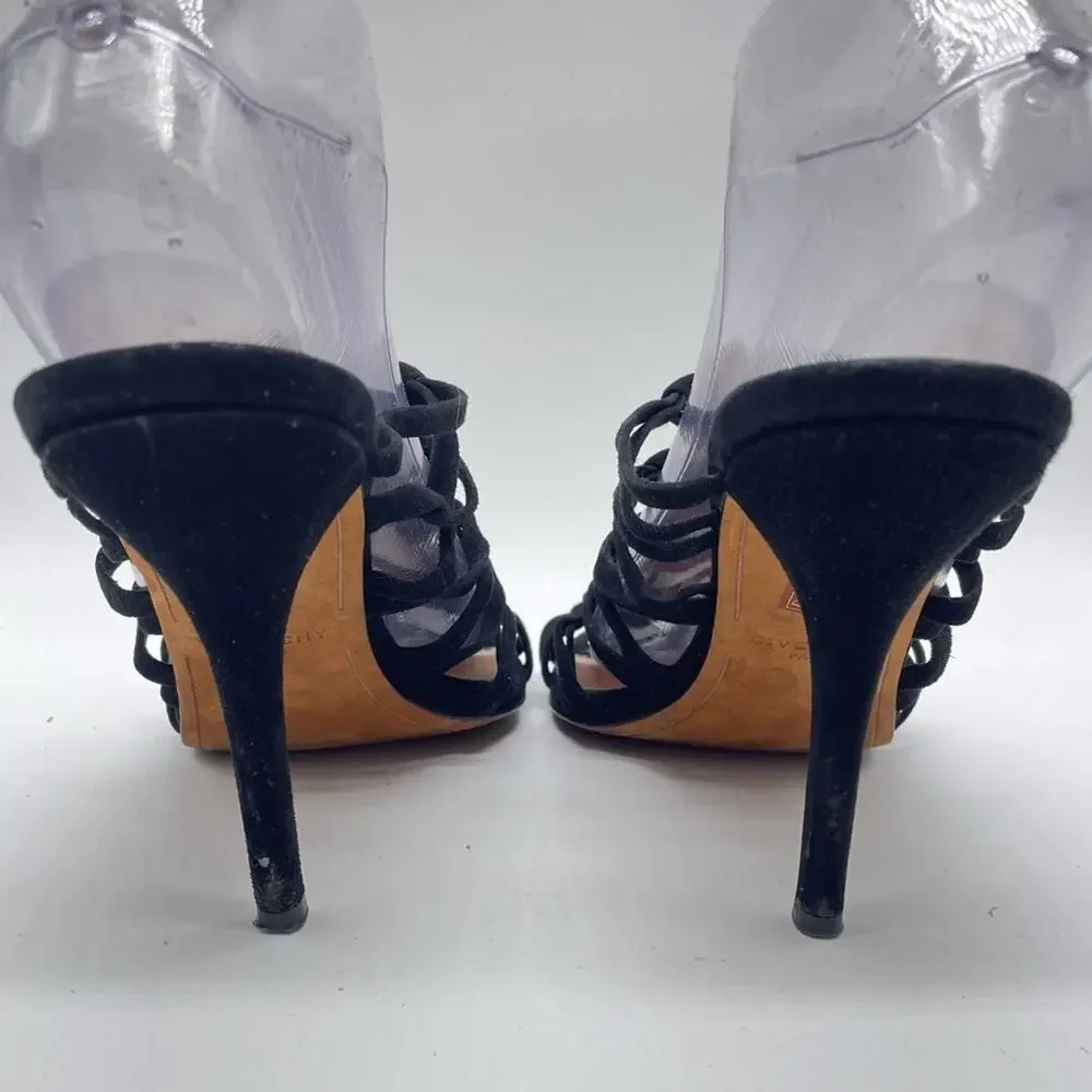 Givenchy Zenaide Black Suede Nautical Eyelet Heels Caged Gladiator Size 38 8